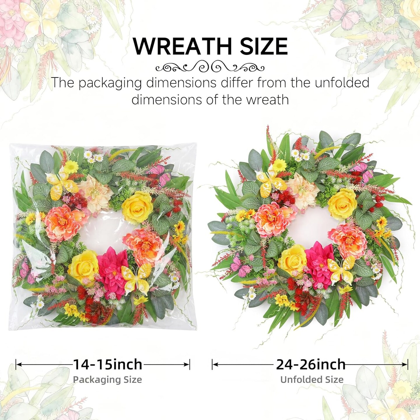 Spring Wreaths for Front Door 24 Inch Artificial Butterfly Wreath with Butterfly, Peony, Dahlia,for Porch, Entryway, Mantel, Wall, Patio & Decor Year Round Indoor Outdoor for Summer Wreath