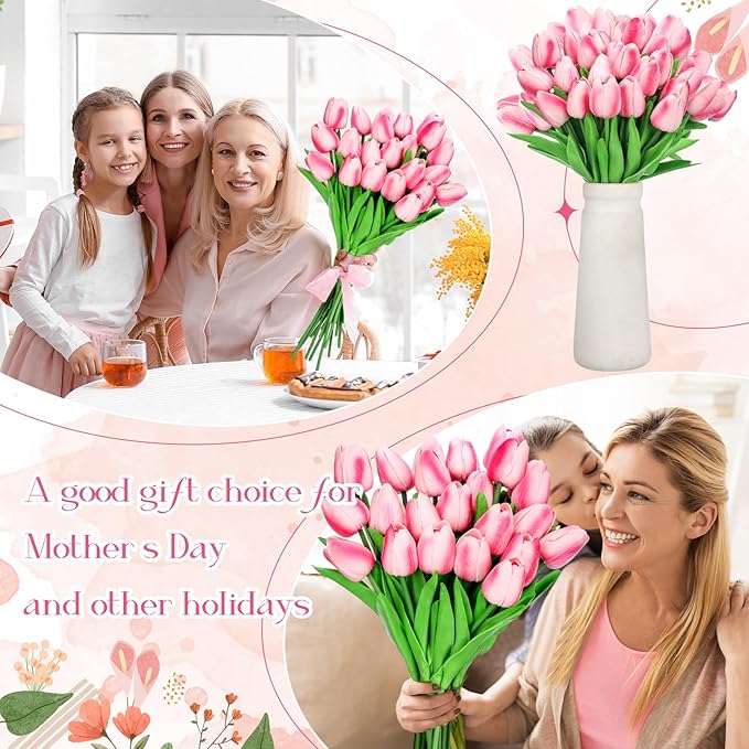 30 Pcs Tulips Artificial Bouquet Flowers Faux Tulips for Home Kitchen Wedding Decorations,Gift Idea for Easter Decor Mother's Day Birthdays(Rose Red)