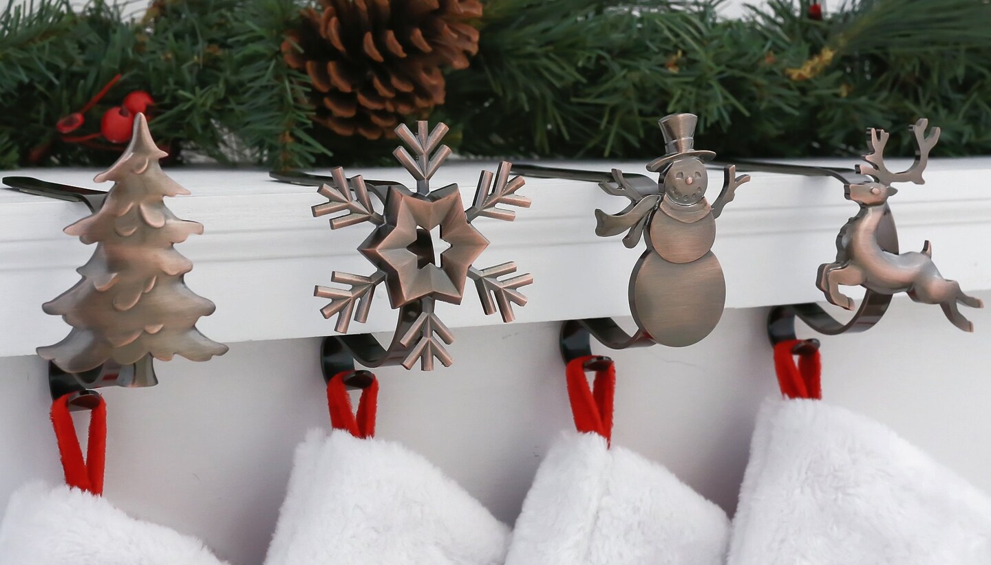 Haute Decor MantleClip Stocking Holders with Removable ZINC Alloy Holiday Icons (4-Pack Assorted Icons)