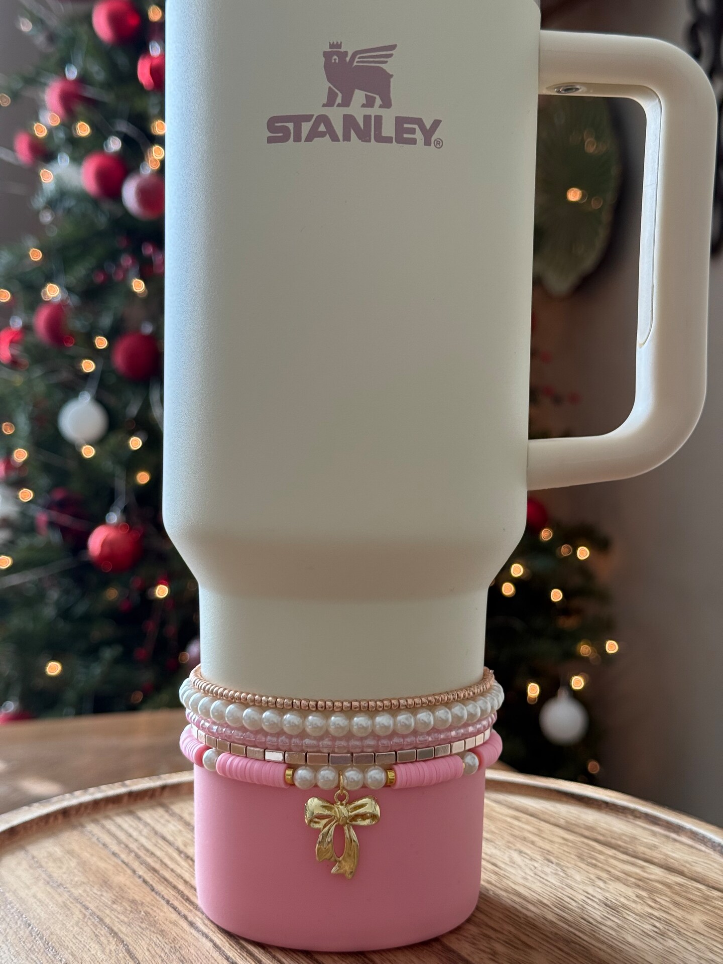 Stanley tumbler cup pink white, lsf, accessories bow charm boot bracelet  stack topper 5 layered beaded wrap bracelet | MakerPlace by Michaels