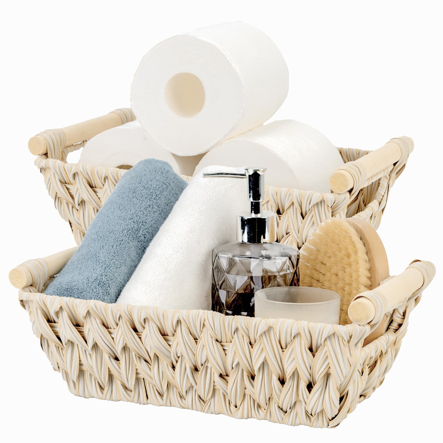 2-Pack Wicker Storage Baskets, Storage Baskets for Shelves, Trapezoid Wicker Baskets with Handles, Waterproof Woven Basket, Storage Baskets for Shelves, Butter Milk