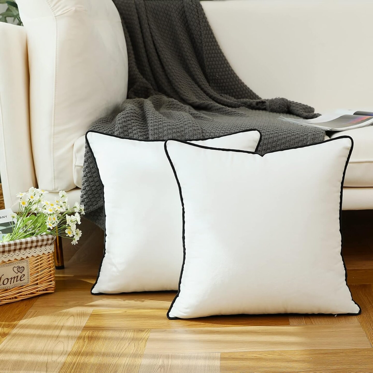 Set of 2 White Velvet Throw Pillow Covers Modern Minimalist Style Solid Decorative Black Rope Edging Soft Square Cushion Cases for Sofa Bedroom Party Décor, 18 x 18 inch