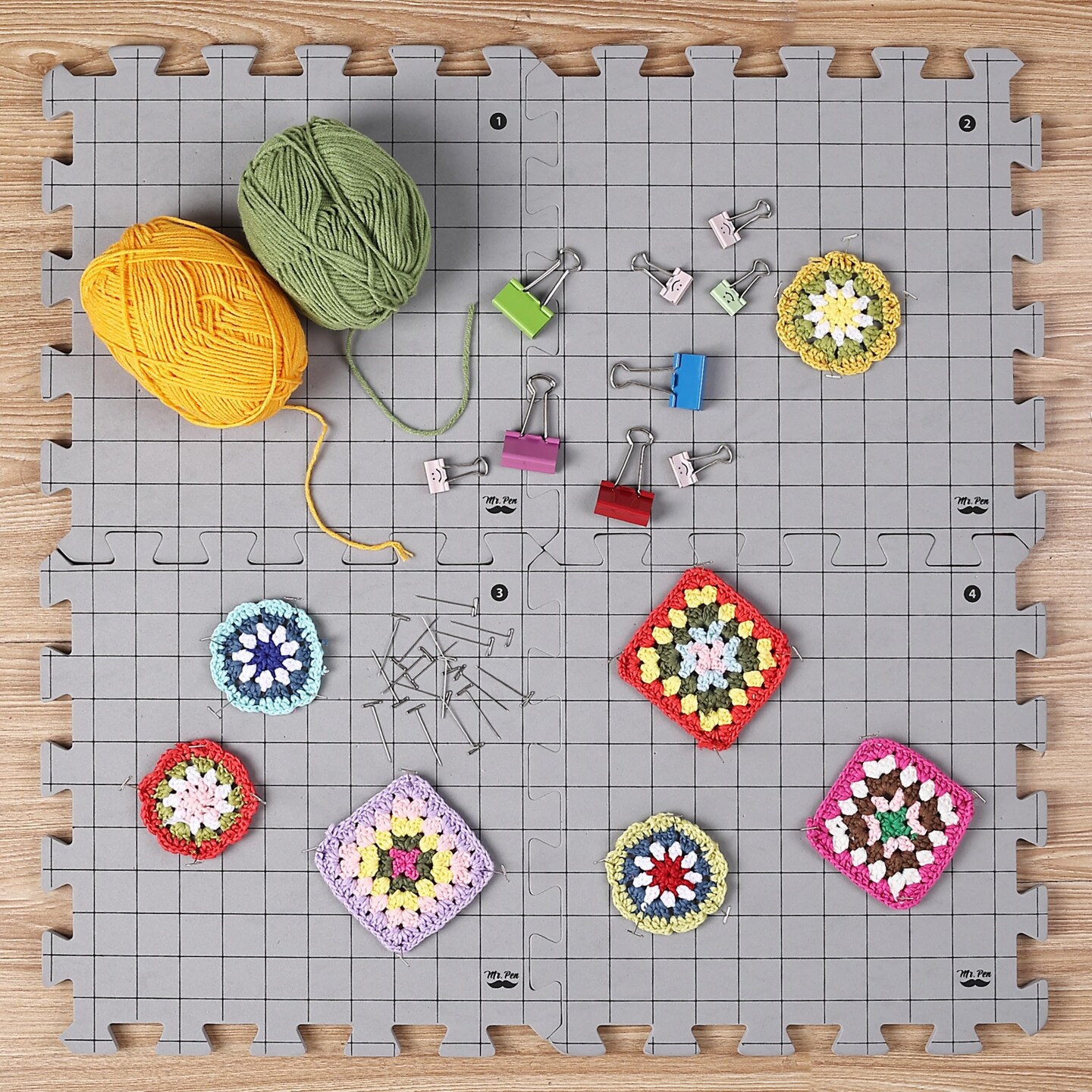 Mr. Pen- Blocking Mats for Knitting & Crochet Projects, 12" x 12", 9 Pack with 150 pcs T-Pins, Gray Aligned Grid Knitting Blocking Mats and Pins, Water & Heat Resistant