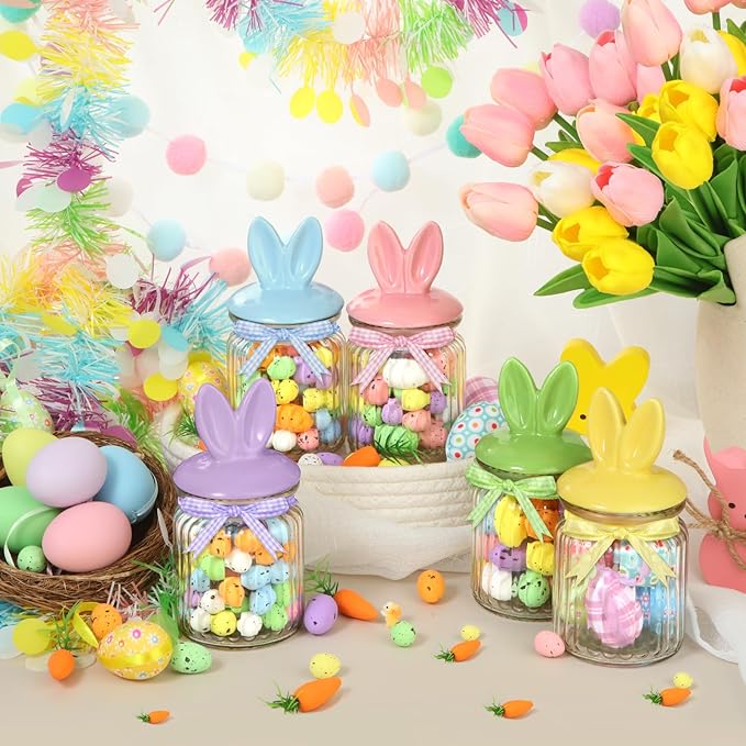 Easter Decorations - 5 PCS Easter Glass Candy Jar with Ceramic Bunny Shaped Lid Easter Cookie Decorative Jar with Gingham Ribbon Bows for Easter Table Centerpiece Decorations
