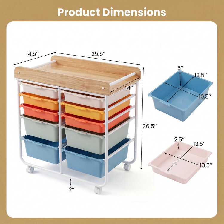 10 Drawer Rolling Storage Cart With Wheels Organizer MDF Top Metal Frame For Office Craft Supplies
