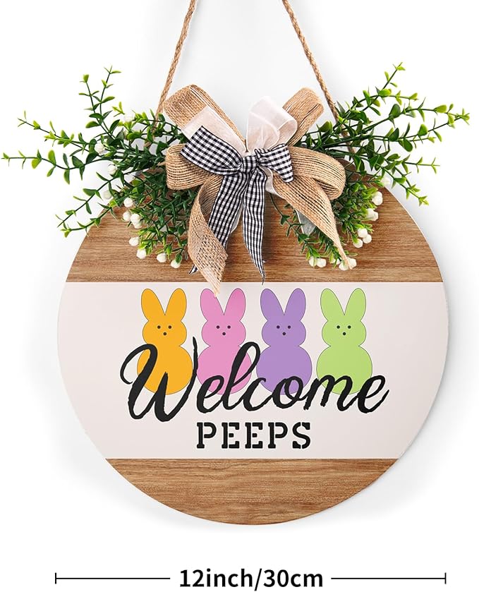 Easter Decorations Welcome Peeps Door Sign, Cute Bunny Easter Wreaths for Front Door Farmhouse Spring Door Hanger Wooden Wreath Sign with Bow Easter Porch Decorations for Home Yard Garden