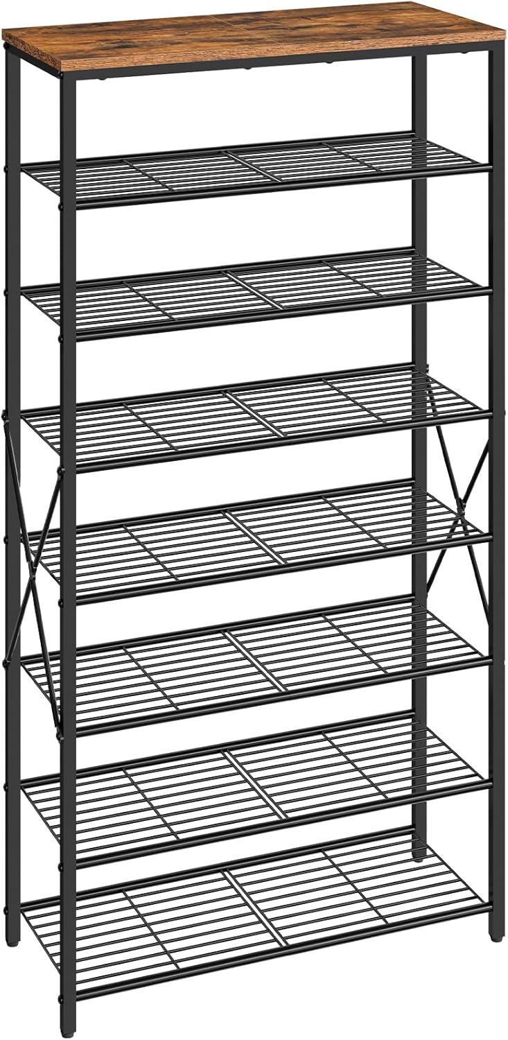 Rustic Brown-Black 8-Tier Engineered Wood and Metal Shoe Rack with Shelves