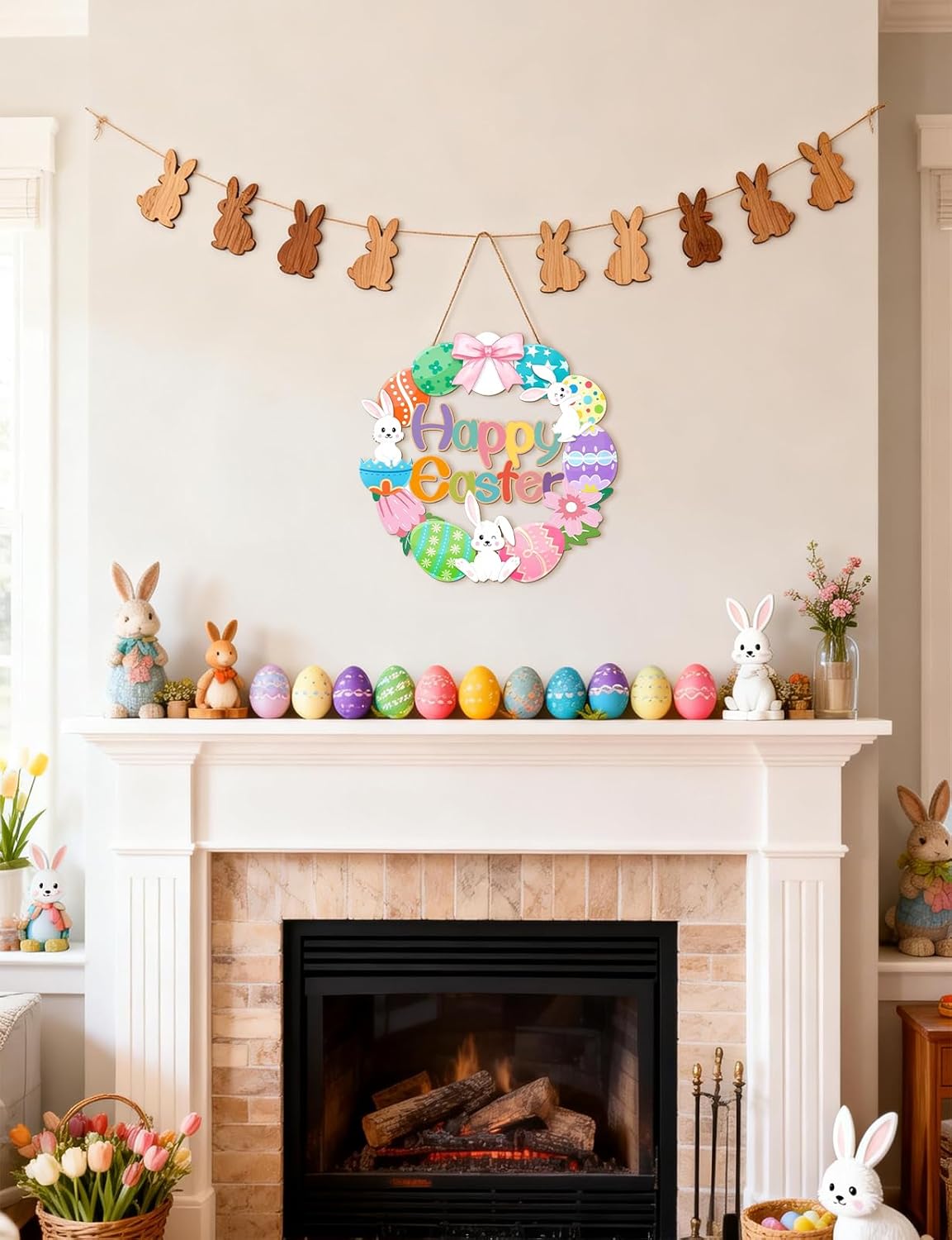 Wooden Easter Door Sign – Happy Easter Bunny and Egg Wreath Hanging Decoration for Spring Home Decor