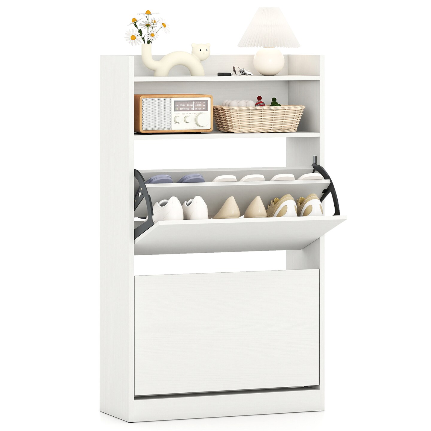 White Shoe Cabinet Engineered Wood 2-Drawer Storage Organizer Slim