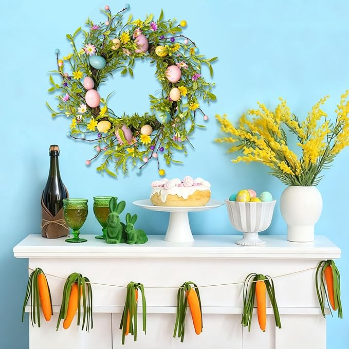 Easter Wreath for Front Door, 18 Inch Easter Egg Wreath with Daisy Flowers and Pastel Eggs, Spring Door Wreaths for Home Easter Decorations