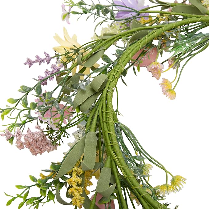 18 Inch Pastel Egg Easter Wreath with Wild Flowers for Front Door Spring Decorations