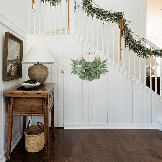 Artificial Eucalyptus Wreaths with Wood Bead for Front Door 10" Eucalyptus Leaves Wreaths Spring Summer Decoration Boho Farmhouse Wall Decor 2 Pack - Eucalyptus