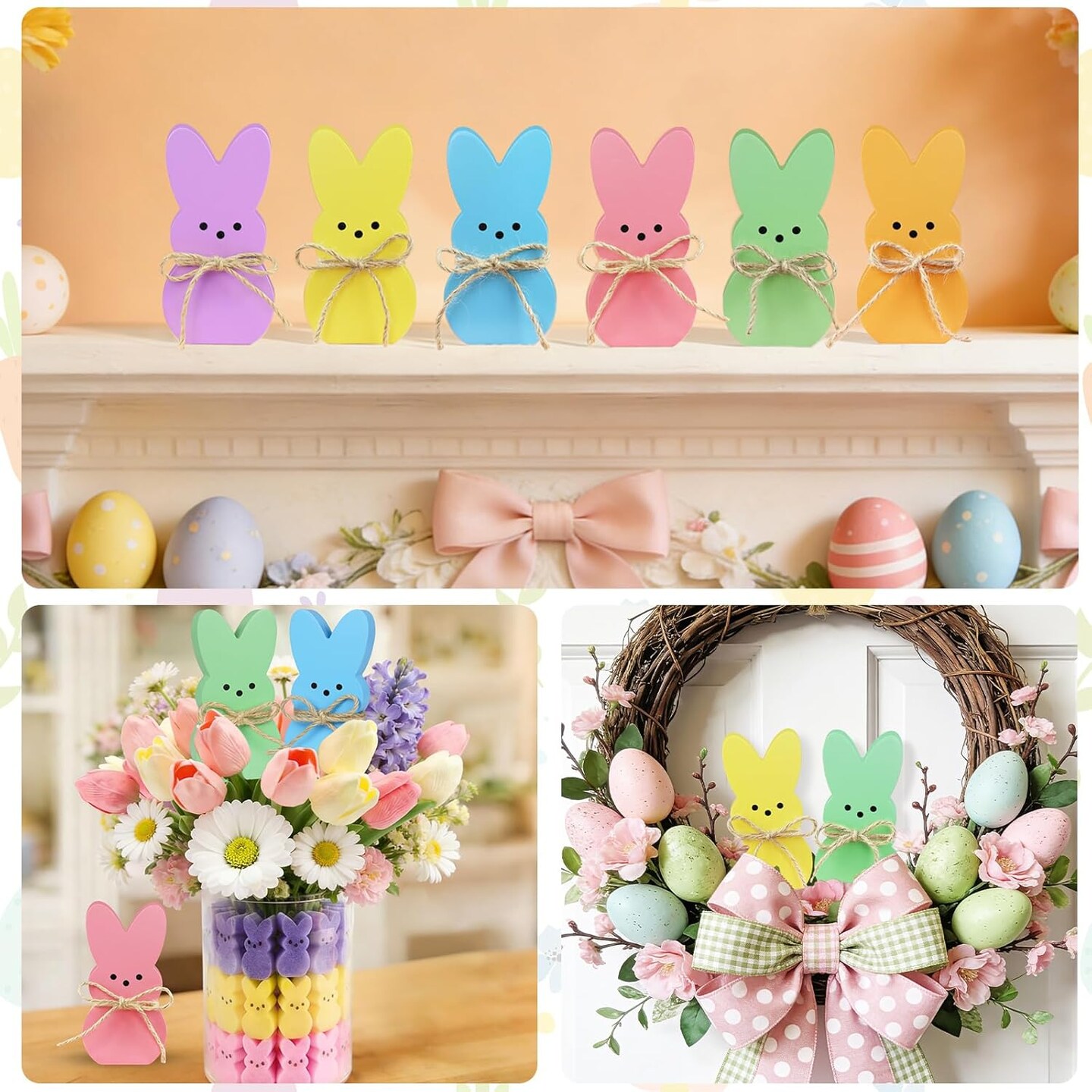 Easter Table Decorations – 6PCS Wooden Bunny Easter Signs with Rope, Cute Rabbit Décor for Home, Tiered Tray, Mantel, Office, Kitchen, Tabletop Centerpiece, Shelf, Vase, Spring & Holiday Party