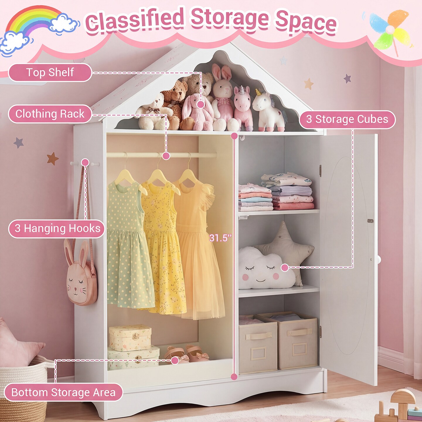 Roofed Kids Wardrobe With Mirror Clothes Rack And Storage Cubes