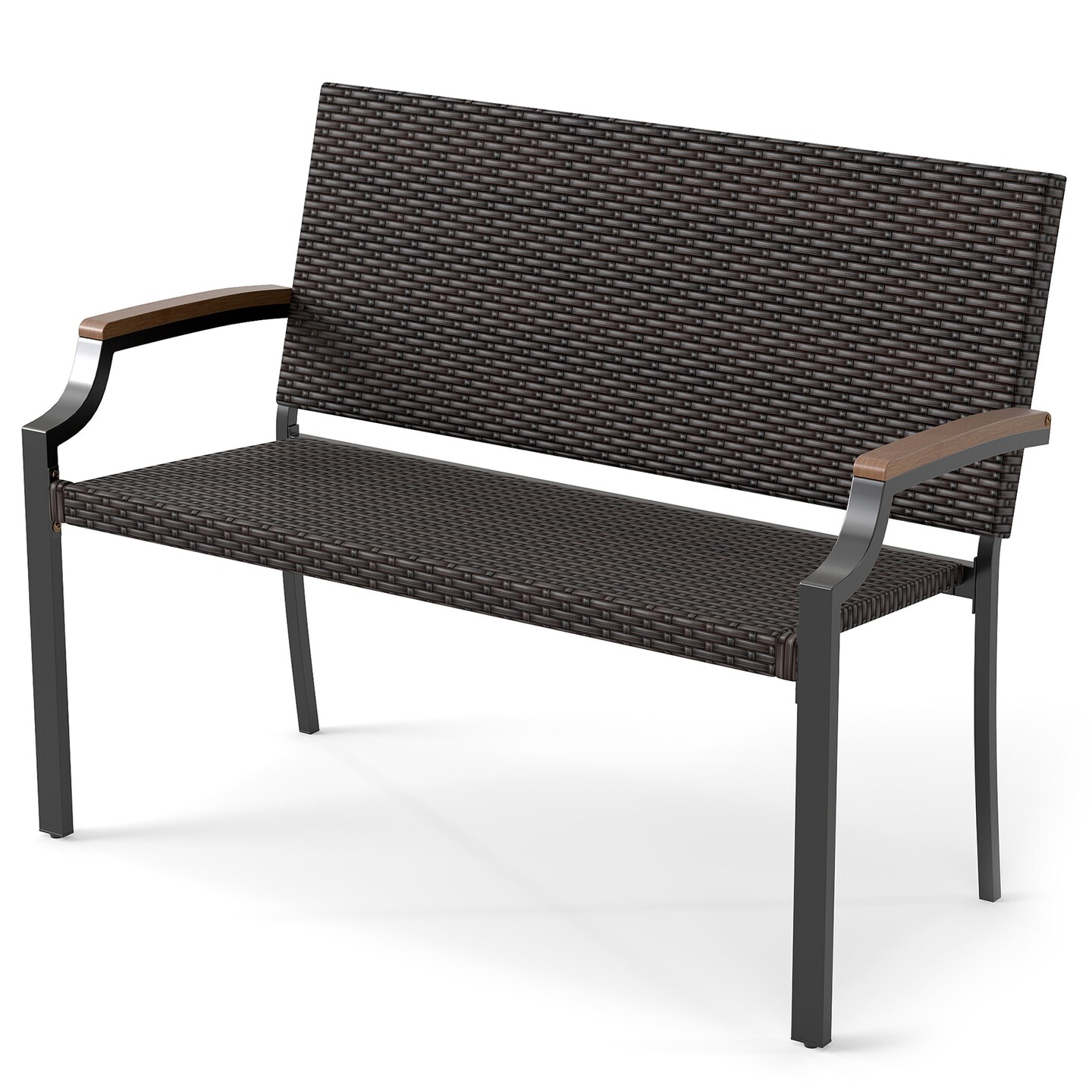 Outdoor Mix Brown Rattan Loveseat Bench for Patio Porch Garden with Metal Frame and Wood Armrests