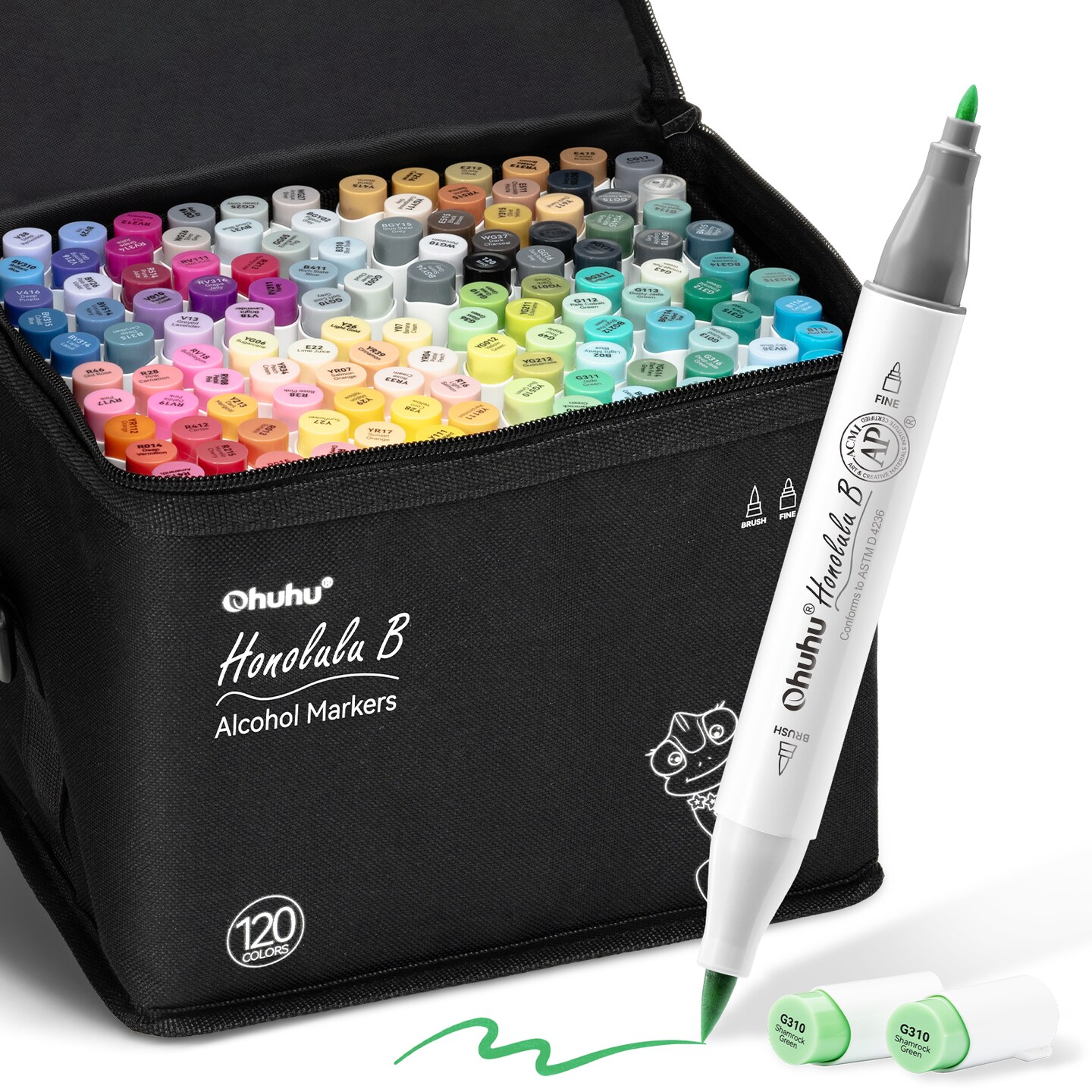 Ohuhu Alcohol Markers Brush Tip -Double Tipped Art Marker Set for Artist Adults Coloring Illustration - 120 Colors- Brush &#x26; Chisel/ Brush &#x26; Fine Dual Tips- Honolulu/ Honolulu B of Ohuhu Markers- Refillable Alcohol-based Ink