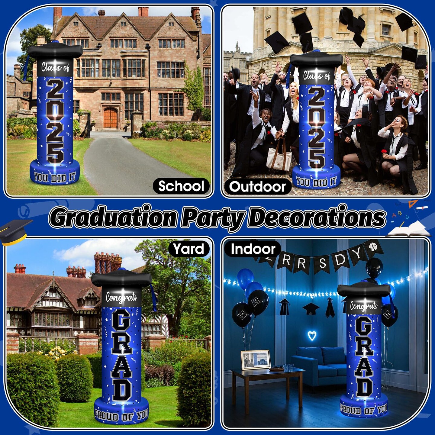 6 FT Giant Graduation Inflatable Decorations, 2025 Graduation Campus Party Blow-Up Deco with 3LED light1Blower for University Graduation Ceremony Students and Teachers Take Photos Deco (Blue)