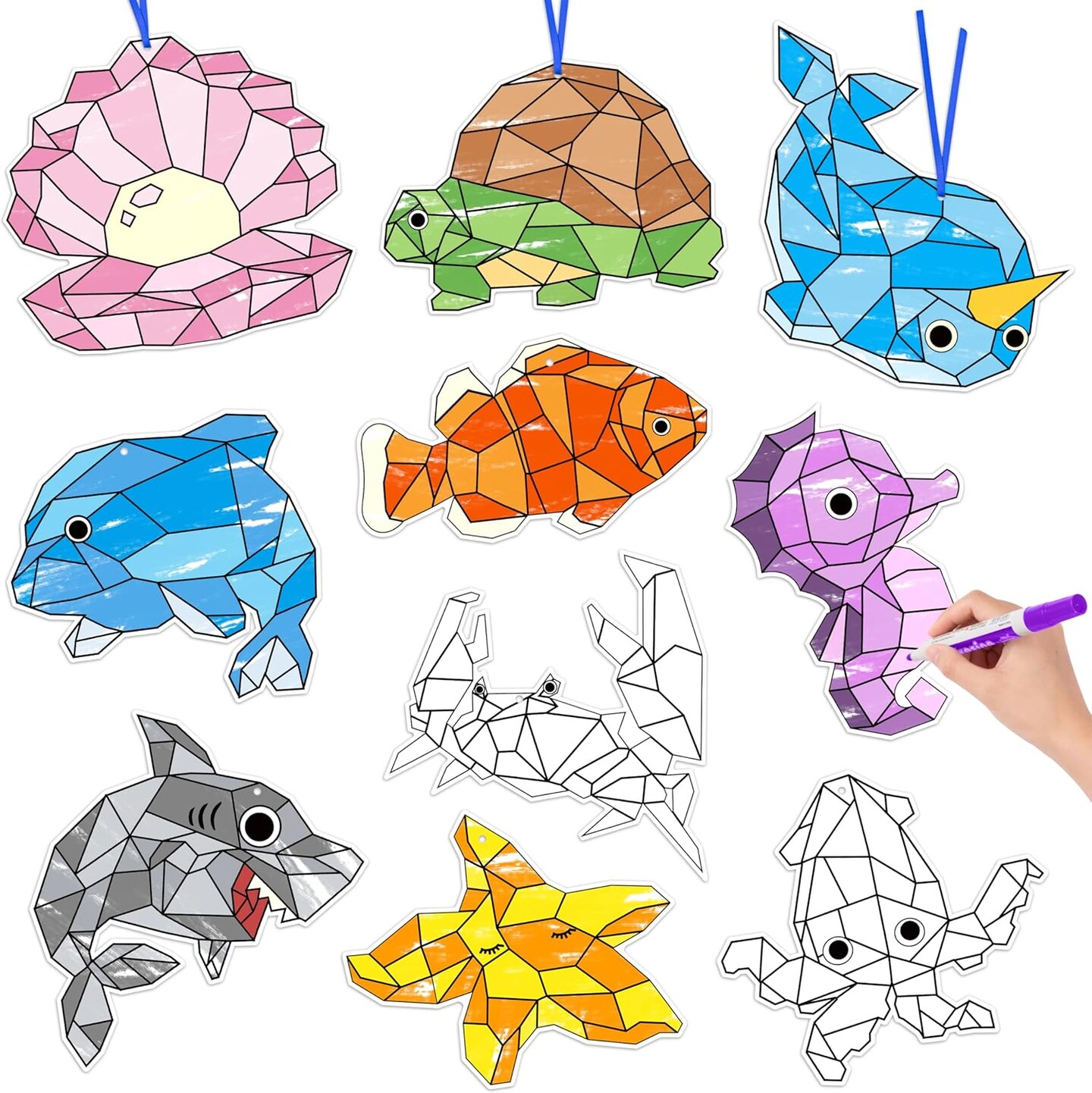 Coloring Ocean Animals Kit - 83Pcs Color Your Own Ocean Animals Kit for Kids DIY Coloring Craft Kit Coloring Sea Animals Geometric Card Decor School Classroom Summer Party Activity