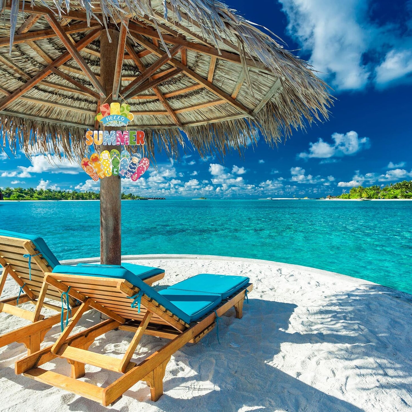 Hanging Sign - Hello Summer, Rustic Wood Wreath with Flip Flop Door Decor, Ice Lolly Slippers, Perfect for Beach, Outdoor, 13.7 x 7.0 inches