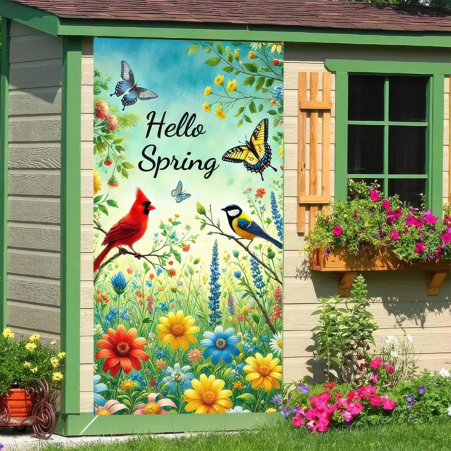 Spring Door Cover 71x35 Inch Bird Flower Door Banner Hello Spring Seasonal Front Door Decoration for Welcome Holiday Spring Summer Easter Decor Indoor Outdoor