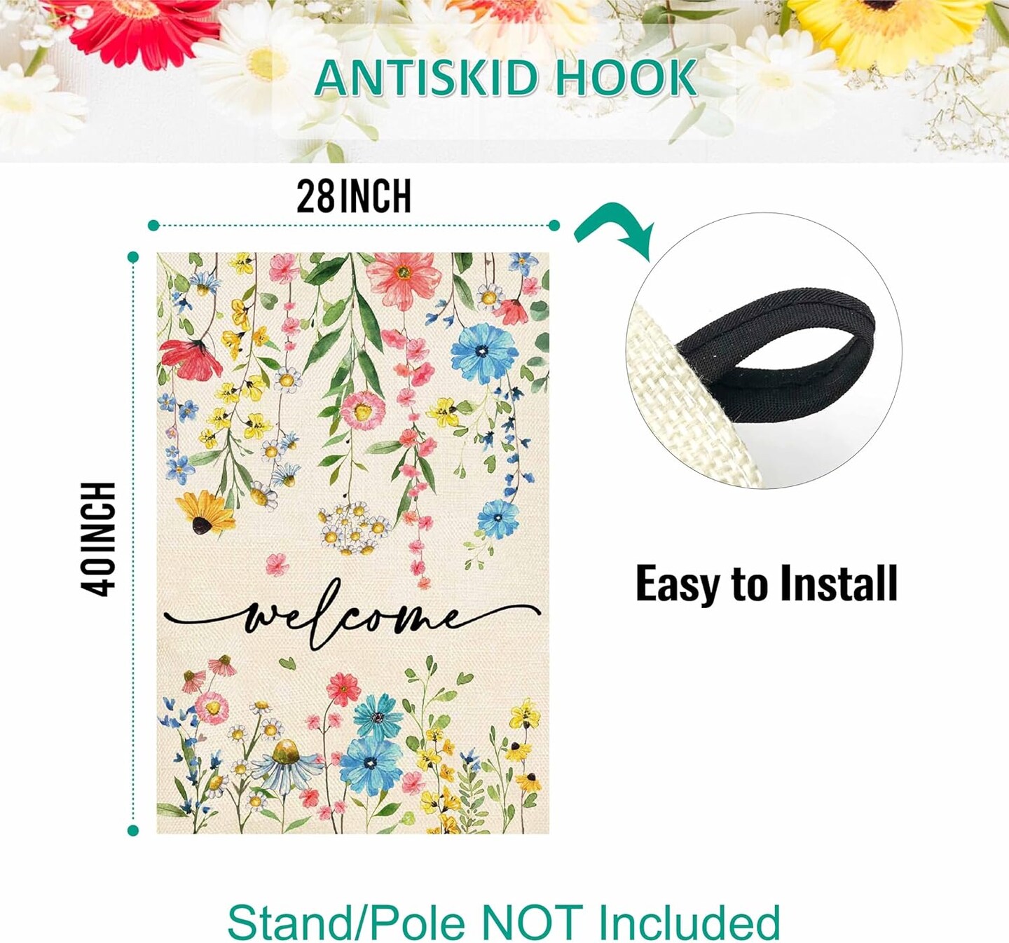 Summer Welcome Floral House Flag 28x40 Inch Double Sided Large Yard Flag Outside Outdoor Seasonal Burlap Flowers Flags Home Patio Decoration