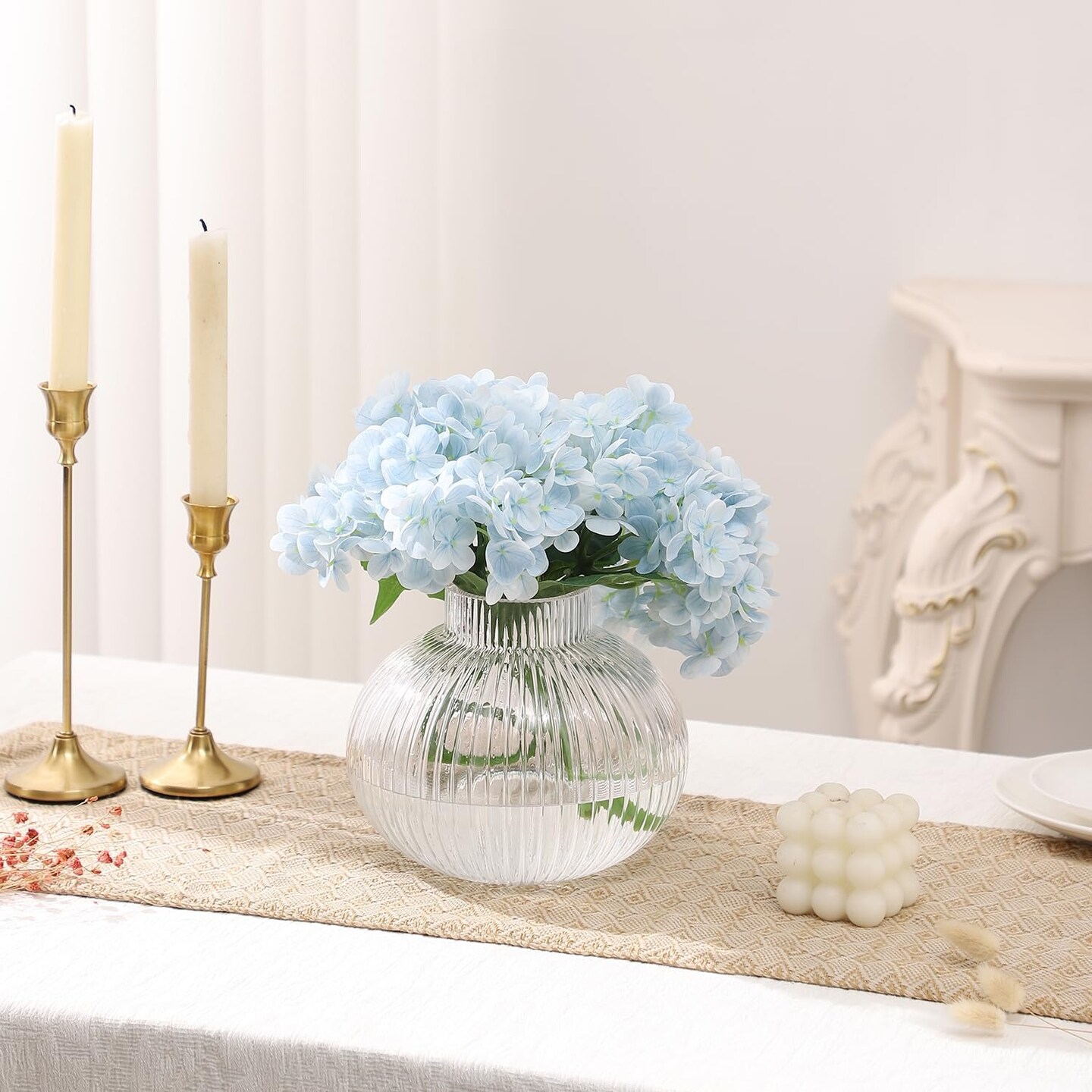 Round Glass Vase, Flower Vase for Bouquet, Ribbed Glass Vase, Fluted Vase, Clear Glass Vase for Tulips, Modern Glass Vase for Living Room, Office, Coffee Table, Shelf, Wedding, 6 Inches
