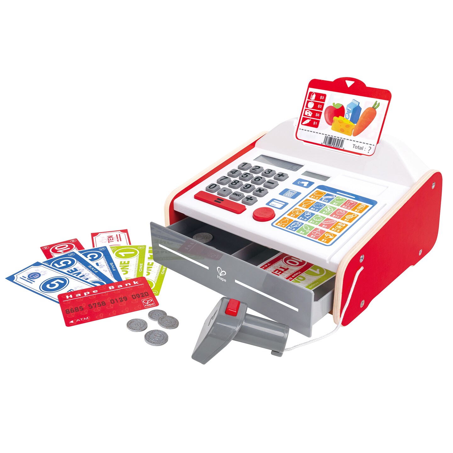 Hape: Beep 'N' Buy Cash Register - 24pc, Red & White, Lights & Sounds Wooden Toy, Shopping Pretend Play, Math & Money Learning, Toddlers & Kids Age 2+