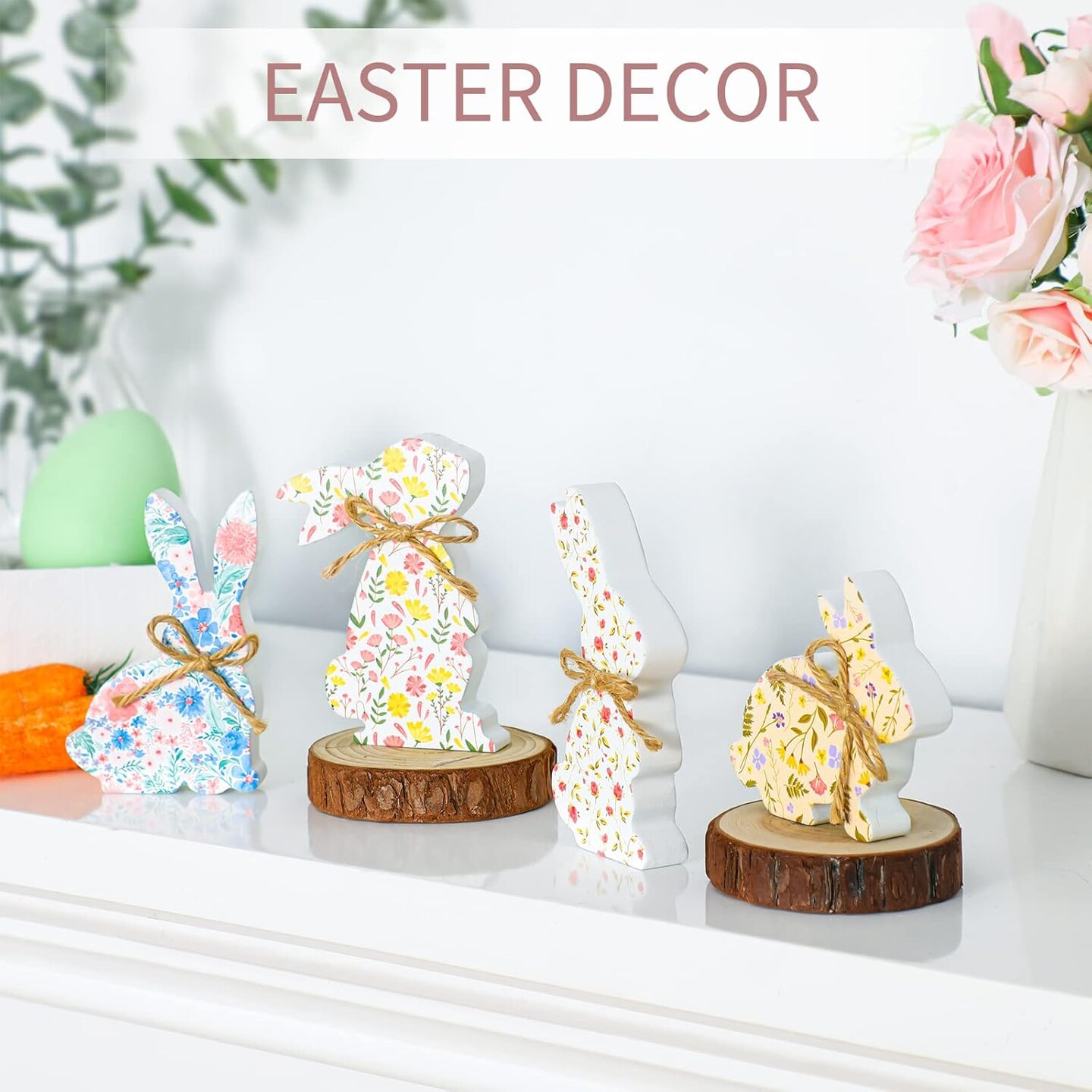 4 Pieces Easter Bunny Wood Decor Easter Natural Wood Signs Bunnies Shape Signs Rabbit Tabletop Decor Spring Flower Rustic Centerpieces for Farmhouse Kitchen Dining Room