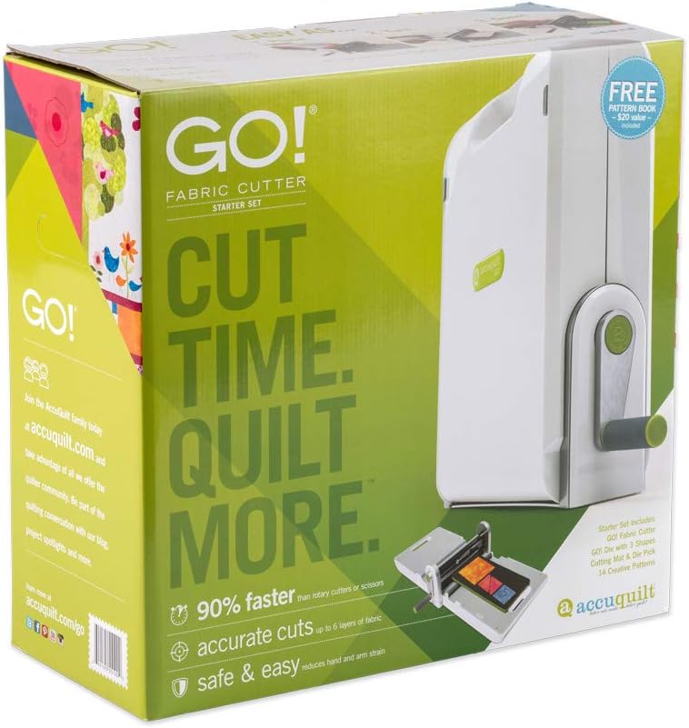 AccuQuilt GO! Fabric Cutter Starter Set including the GO! Fabric Cutter, GO! Value Fabric Cutting Die, GO! 6&#x201D; x 12&#x201D; Cutting Mat, 20 Pg Pattern Book, and Die Pick.