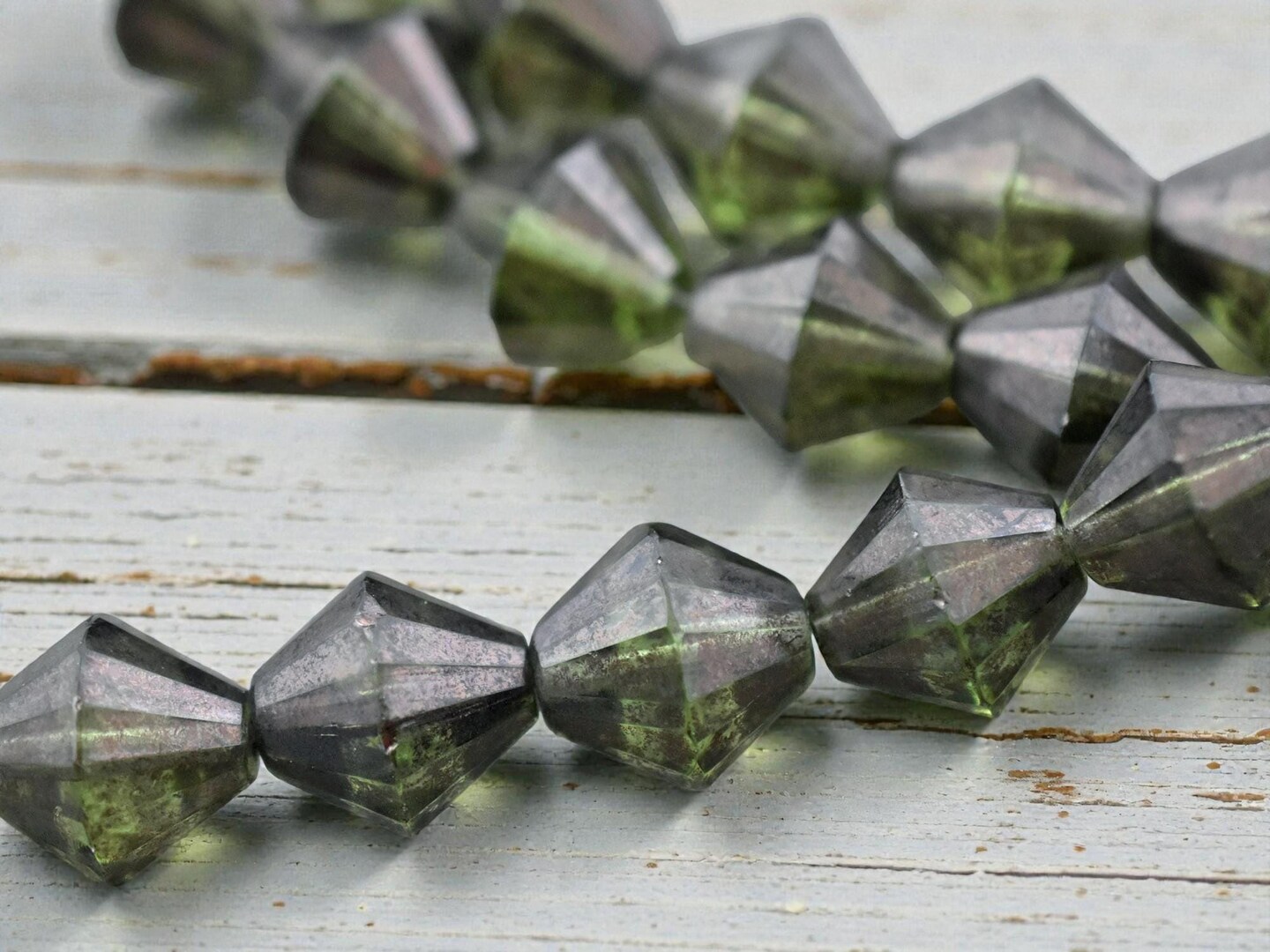 *2* 15mm Bronze Washed Olive Green Picasso Faceted Bicone Beads