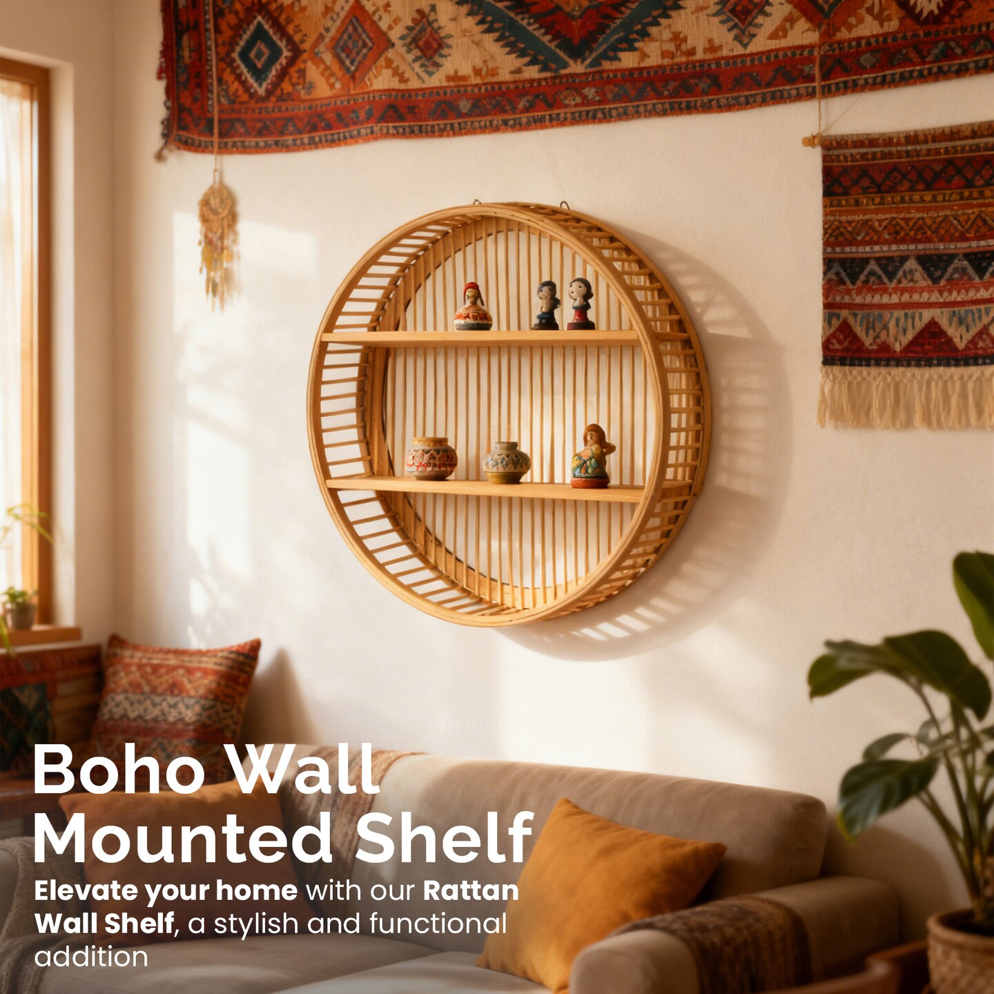 Vintiquewise Round Bamboo Wall Shelf with 2 Wooden Tiers – Natural Hanging Wall Decor and Floating Display Rack Accent for Modern Home Office Living Room Bedroom and Kitchen