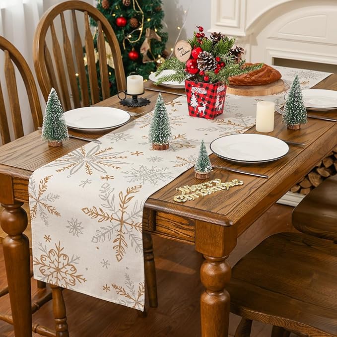 Snowflake Decorations Christmas Runner for Table Seasonal Chriatmas Winter Holiday Decor for Indoor Outdoor Dining Table Decorations (13&#x22; x 72&#x22;)