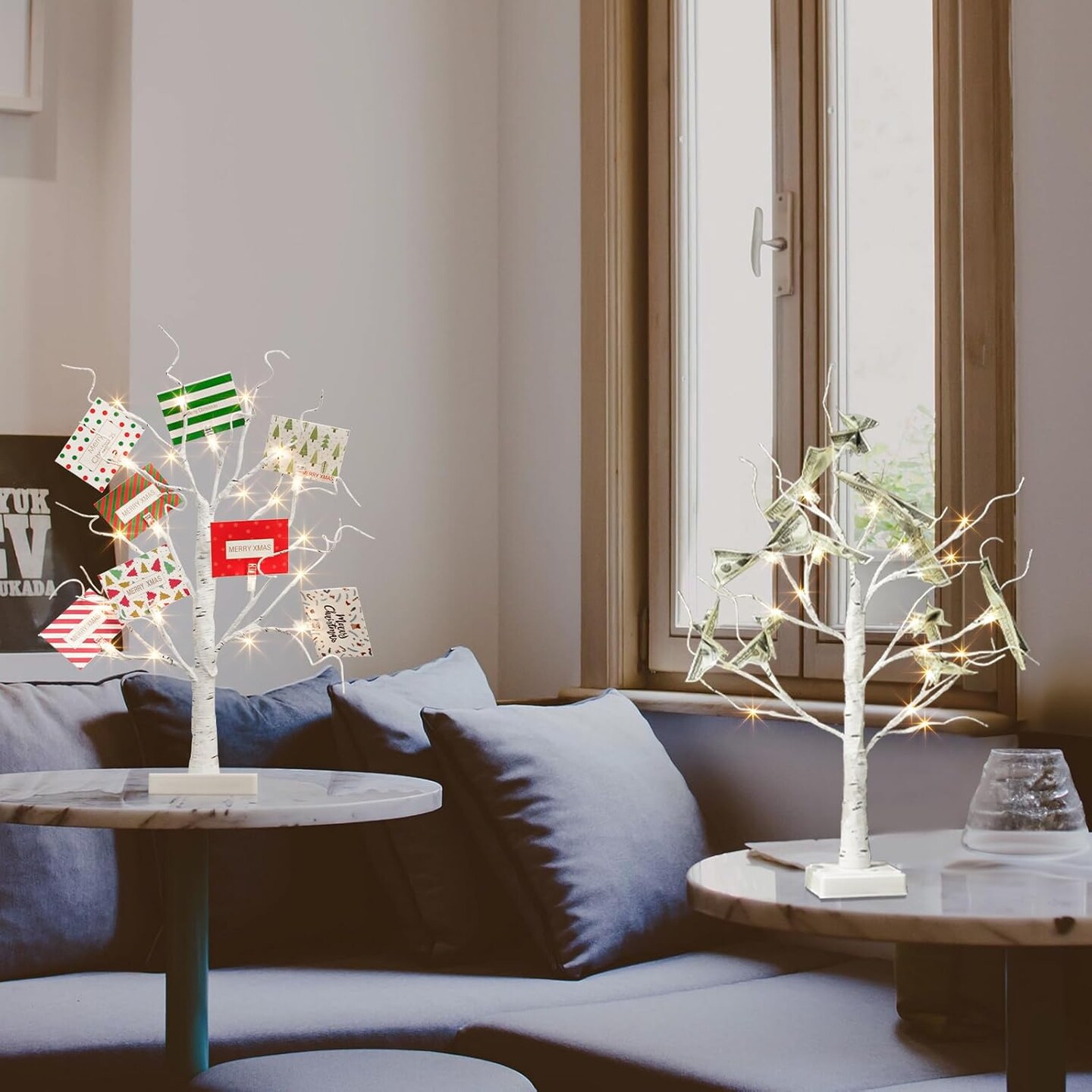 Christmas Tree with Gift Cards, Money Tree Gift Holder, White Lighted Birch Tree Tabletop 2 FT 24 LED, Light Up Display Twig Gift Card Tree with 8 Clear Clips for Home Christmas Decorations