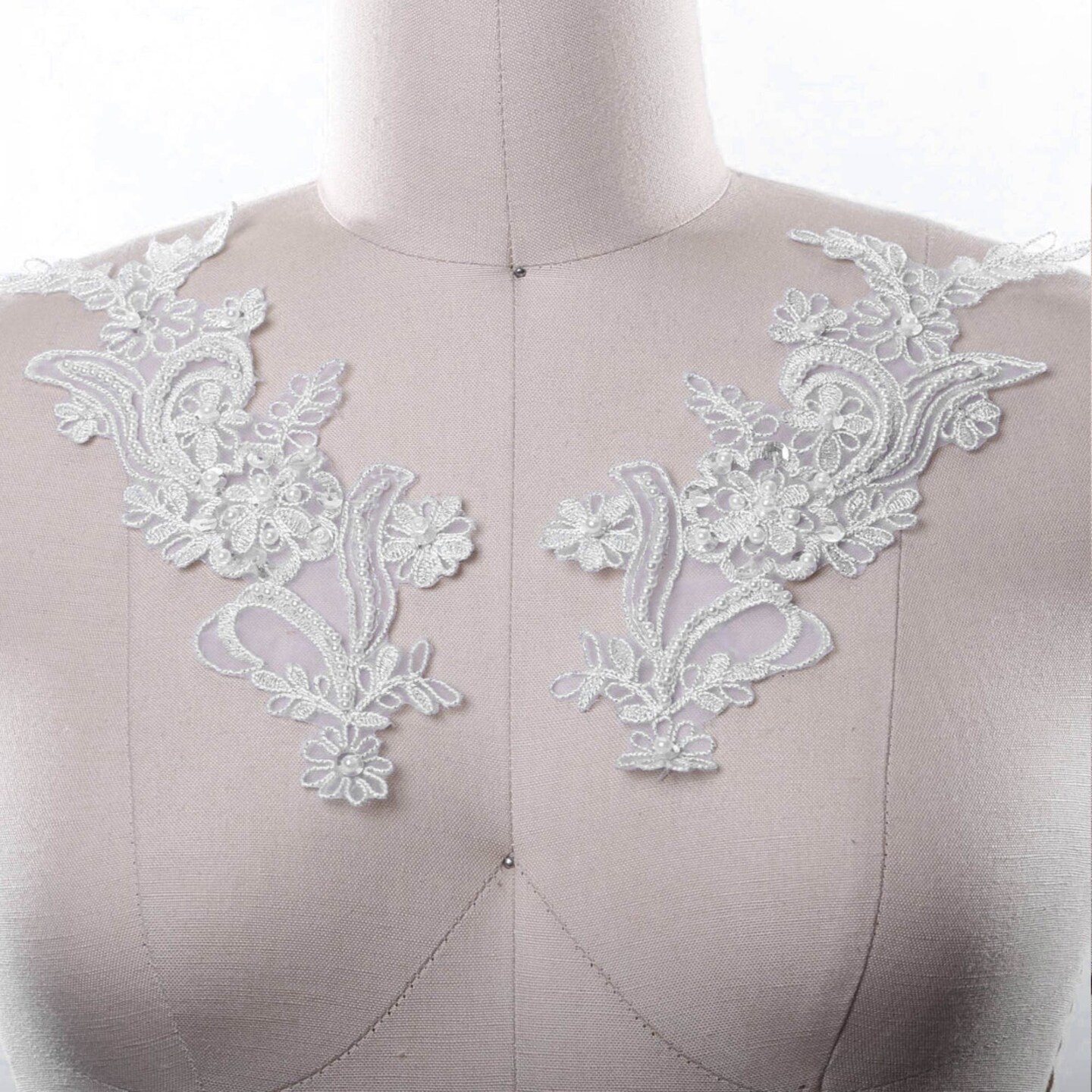 2 Pieces White Lace Appliques with Pearl and Sequin Details for Costumes and Gowns