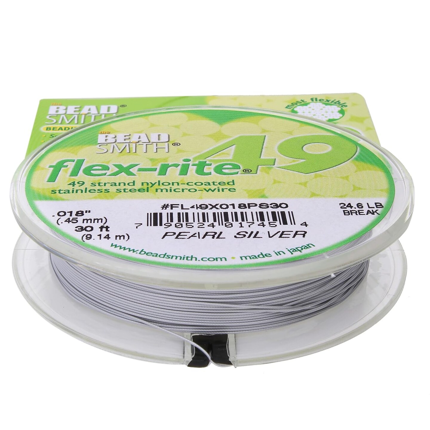 The Beadsmith Flex-Rite 49 Strand Nylon Coated, Stainless-Steel Beading Wire, Jewelry Making Supply (.018 Dia, Pearl Silver - 30 Ft)