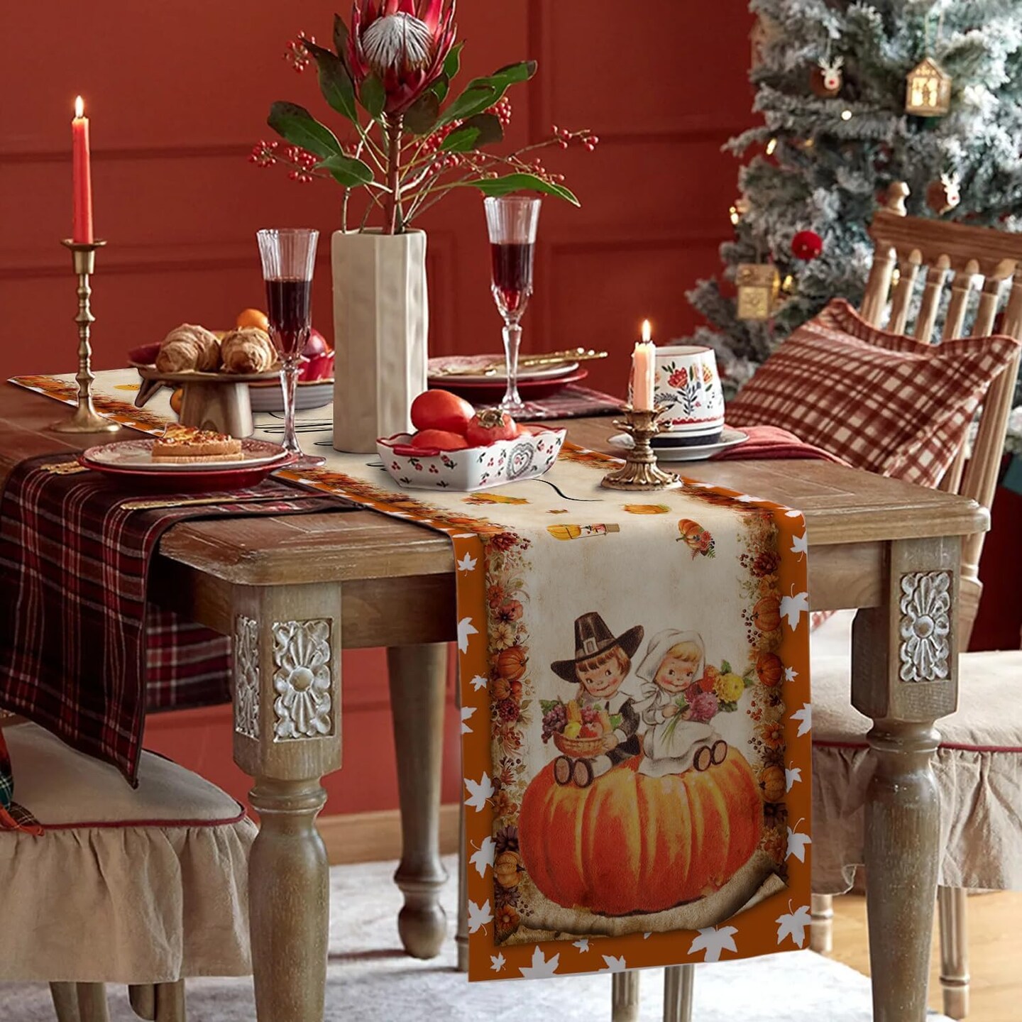 Vintage Fall Thanksgiving Table Runner Thanksgiving Decorations -13 x 72 Inch