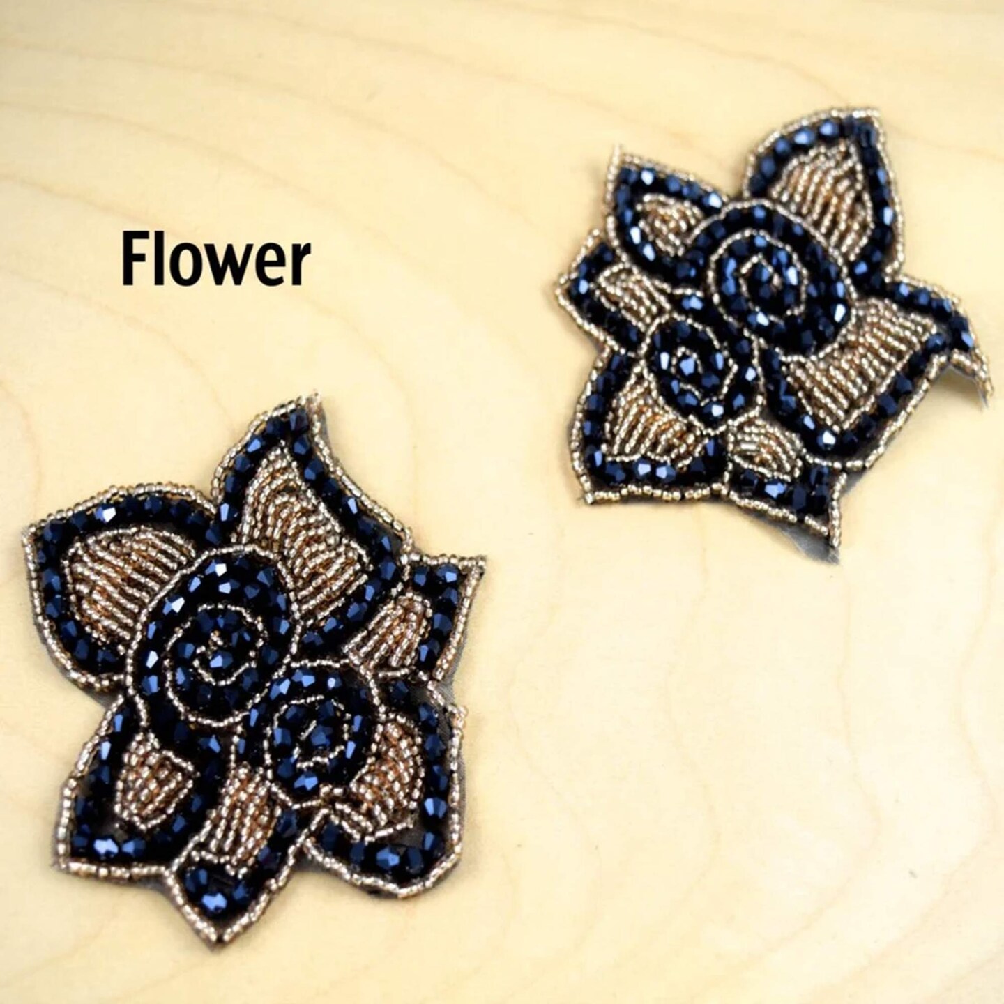 1 Patch 3.75" Rose Navy Champagne Rhinestone Beaded Applique Patch for Dresses and Crafts