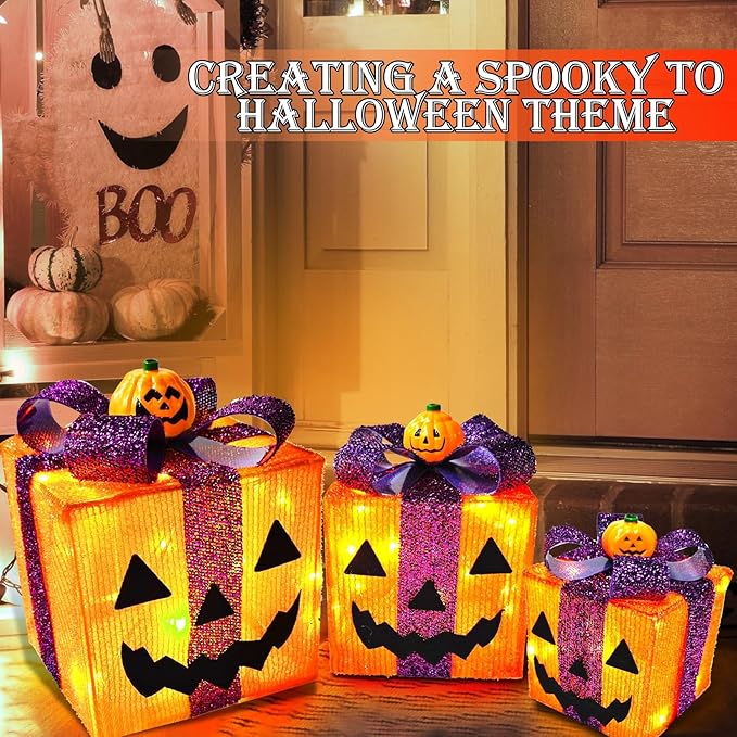 Pumpkin Decorations with 60 LED Lights Battery Operated Jack-O-Lantern Gift Box Halloween Outdoor Yard Decor for Holiday Home Indoor Garden Party Favors