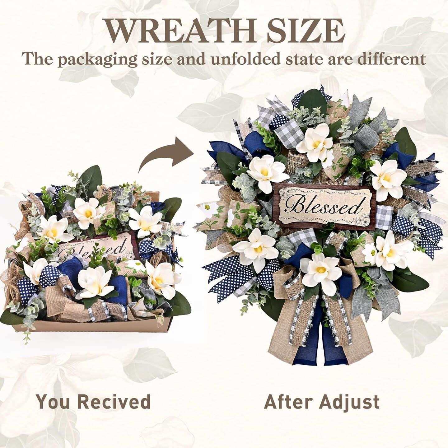22" Magnolia Spring & Summer Wreath – Front Door, Porch & Wall Decor with Eucalyptus, Blue-Grey Burlap Bow, Year-Round Farmhouse Home Decoration