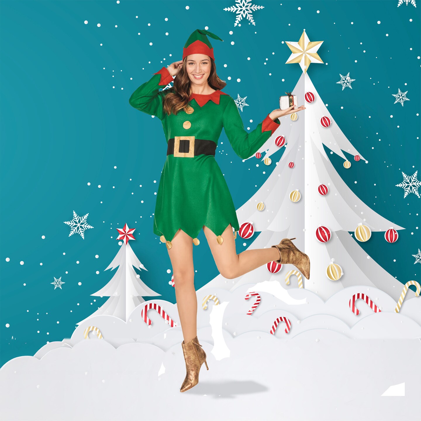 elf dress for christmas Northlight Women's costumeIncludes and hat size:M, Color: Green Size:10 AU / 6 US oh polly dress elf costume girl Edie Flared Sleeve Maxi The red elf hat