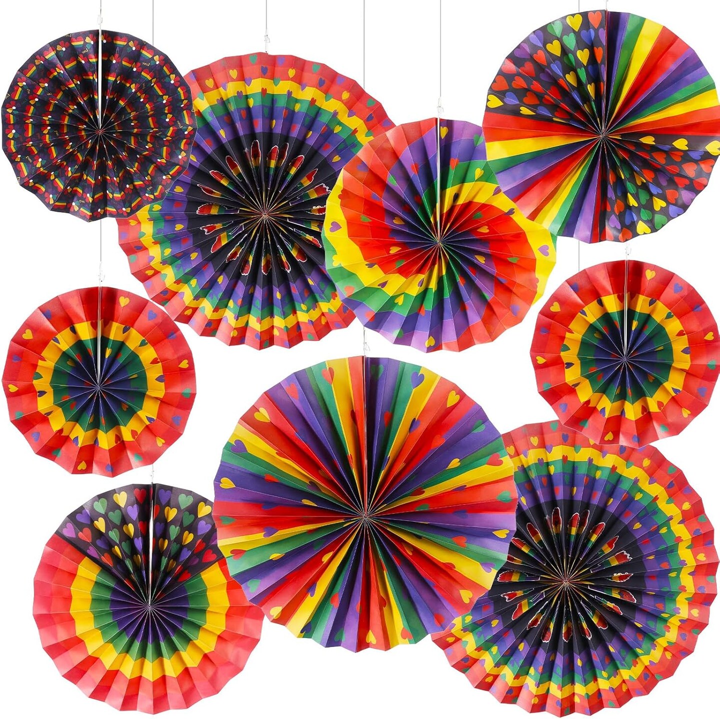 9 Pcs Gay Pride Hanging Paper Fans Decorations Rainbow Love Heart Paper Fans Ceiling Wall Garlands for Gay Pride Rainbow Party LGBT Celebration Decorations