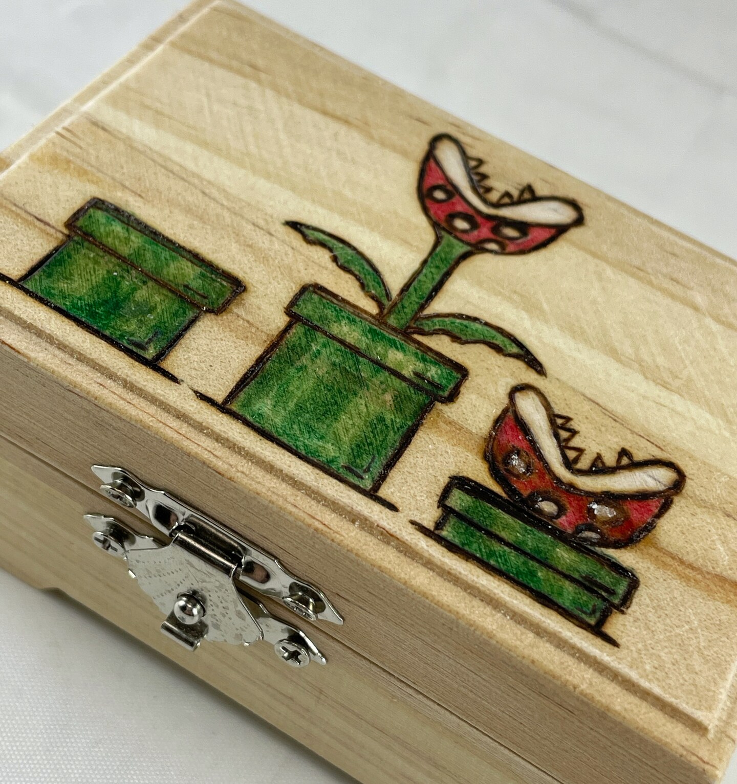 Piranha Plant Wood Burned Small Trinket Box, Wood Burning Art