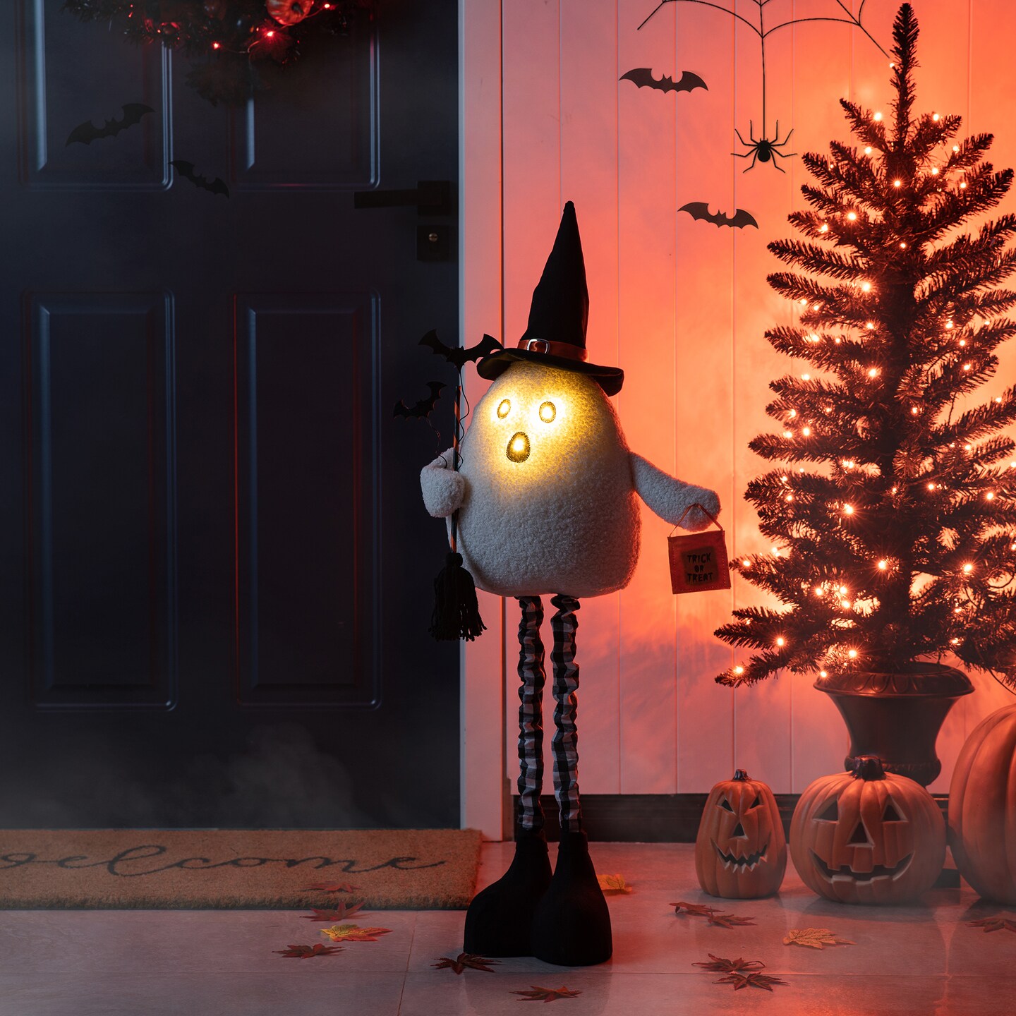 Set of 2 38"H Lighted Halloween Fabric Ghost Standing Decor, With Telescoping Legs and Timer