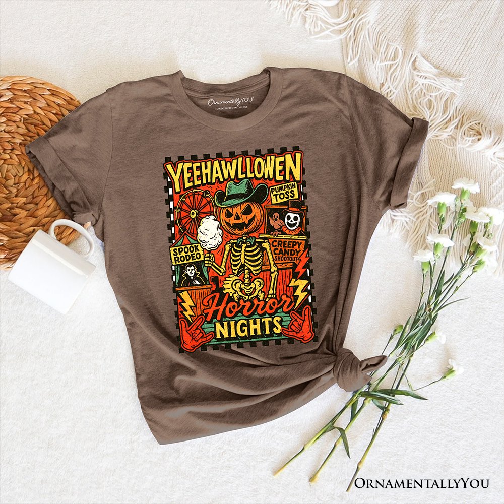 Yee Haw Halloween Retro Pumpkin Skeleton T-Shirt, Spooky Country Western Tee for Fall