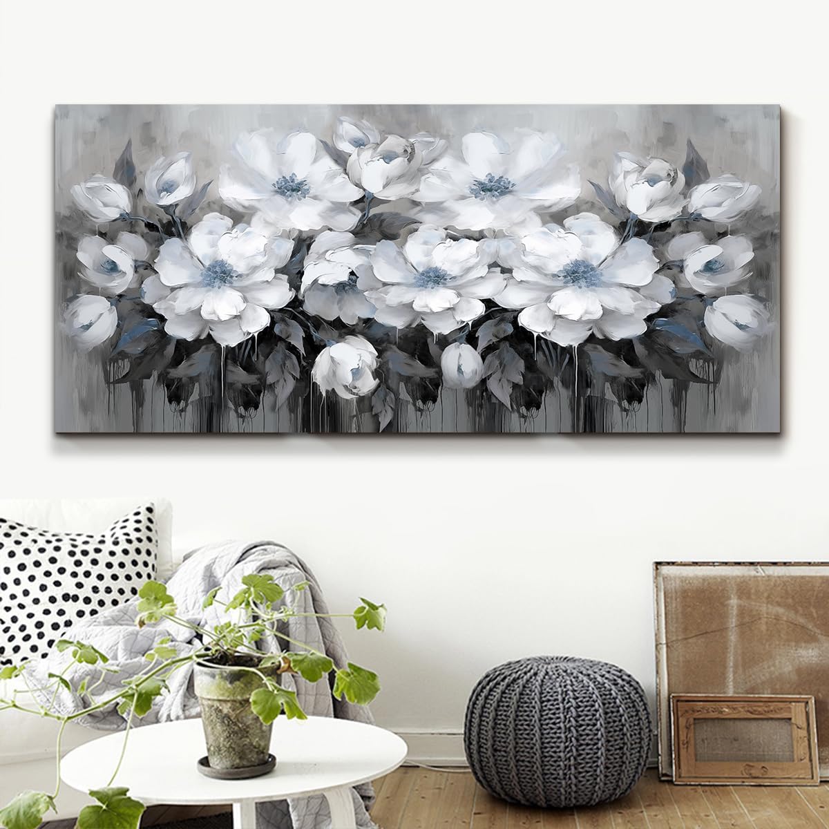 Living Room Wall Art - Gray and White and Blue Flower Canvas Wall Art