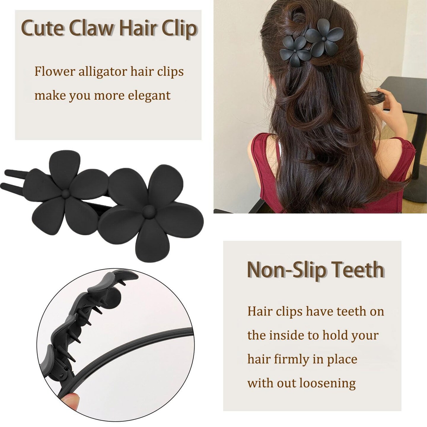 5Pcs Flower Flat Hair Clips (White, Green, Black, Purple, Blue)