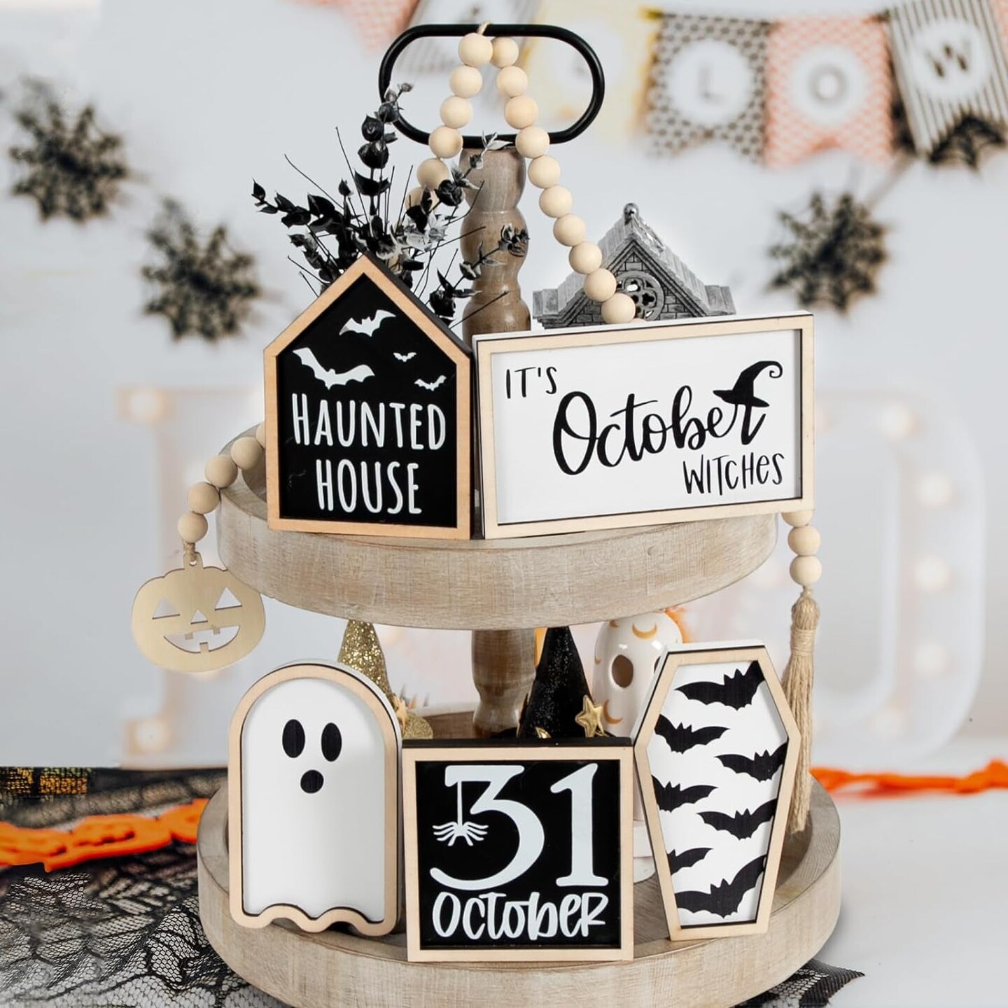 Halloween Decorations |  Halloween Tiered Tray Decor | Bat Coffin, Haunted House, Ghost, Witches, October 31 Sign, Bead Garland | Halloween Decor | Halloween Centerpiece for Table Shelf