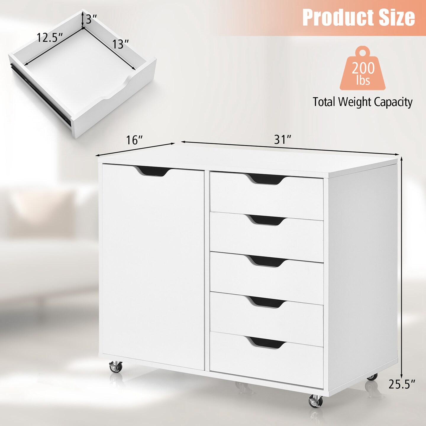 Costway 5-Drawer Chest Rolling Storage Dresser Lateral File Cabinet with Adjustable Shelf