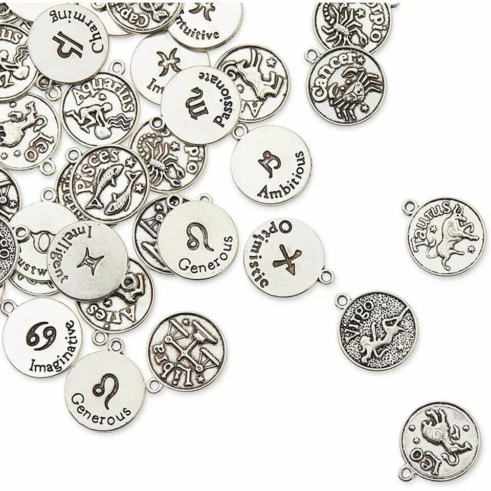 Bright Creations Zodiac Sign Charms for Jewelry Making (Silver, 72 Pieces)