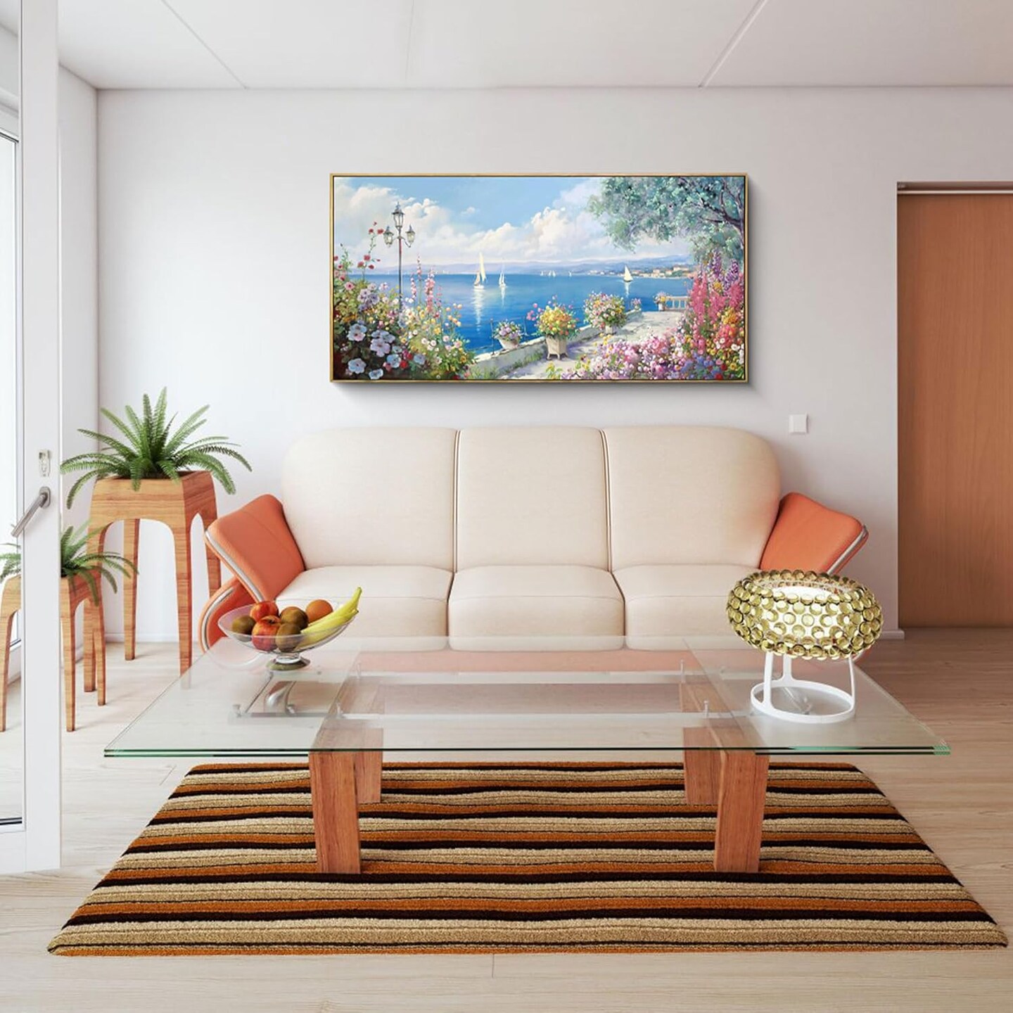 Blue Coastal Wall Art - Ocean Seascape Canvas Yellow Green Flowers Painting Landscape Sailboat Picture Artwork Modern Large Framed for Living Room Bedroom Home Office Decor 20&#x22;x40&#x22;